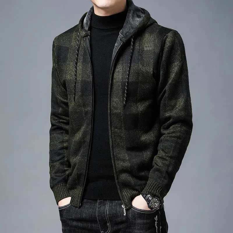 

2023 Autumn and Winter Men's New Fashion Plush Loose Hooded Long Sleeve Casual Zipper Plaid Comfortable Versatile Knitted Coat