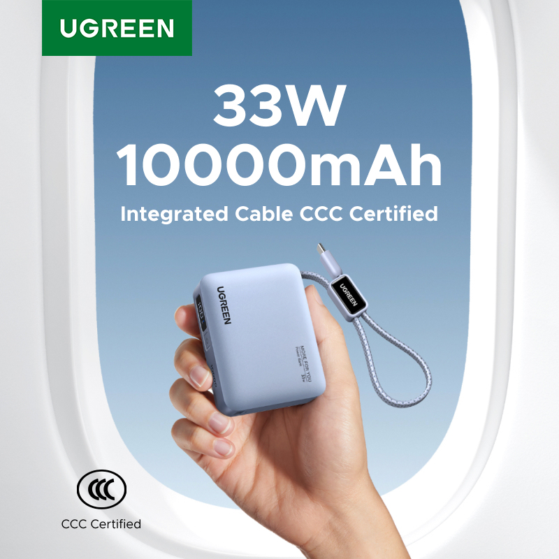  UGREEN Mini 33W 10000mAh Power Bank Built-in Type-C Cable PD 30W Charger Compatible for Xiaomi 33W External Battery 