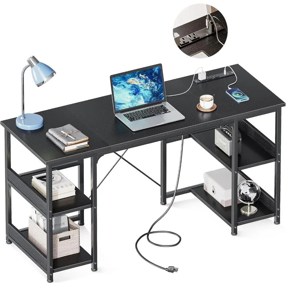 Petit bureau d'ordinateur avec prises de courant et port de charge USB, table de maison avec étagères de rangement, bureau d'ordinateur portable étudiant, 48 pouces