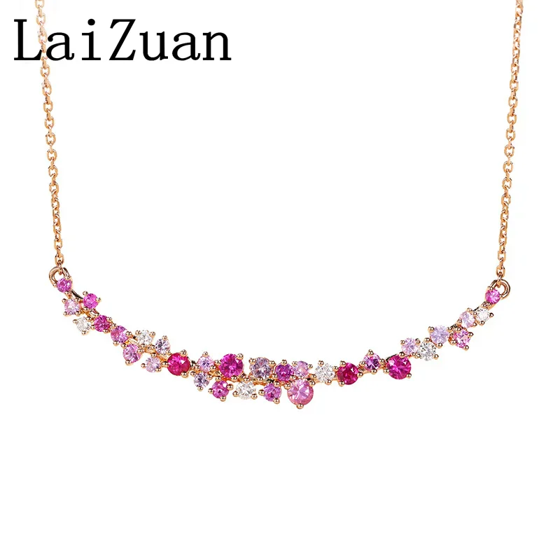 LaiZuan Solid 18k Rose/White Gold Round Cut 1ct Pink/Blue Sapphires Smile Necklace For Women Real Diamonds Chain Pendant