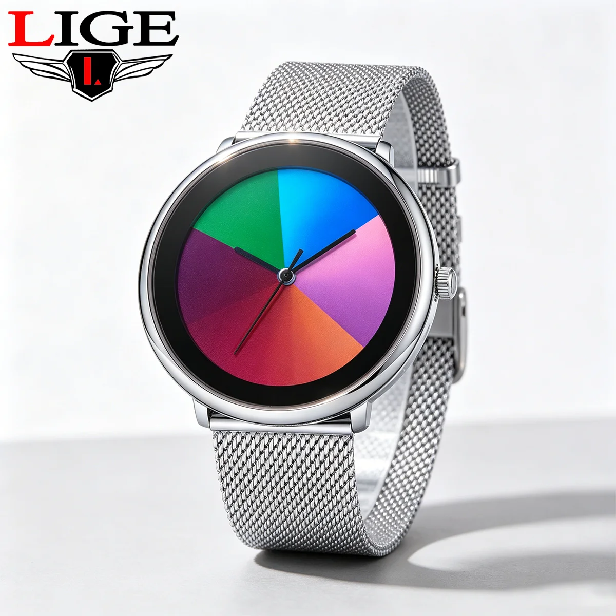 

LIGE 2026 Unique Woman Watches Fashion Changing Color Dial Striped Woman Watch Casual Mesh Waterproof Quartz Women's Wristwatch