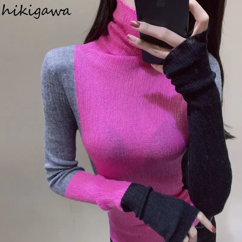 Contrast Color T Shirts Women Turtleneck Long Sleeve Tunic Tees Fashion Korean Camisetas 2024 Ropa Mujer Casual Knit Thin Tshirt