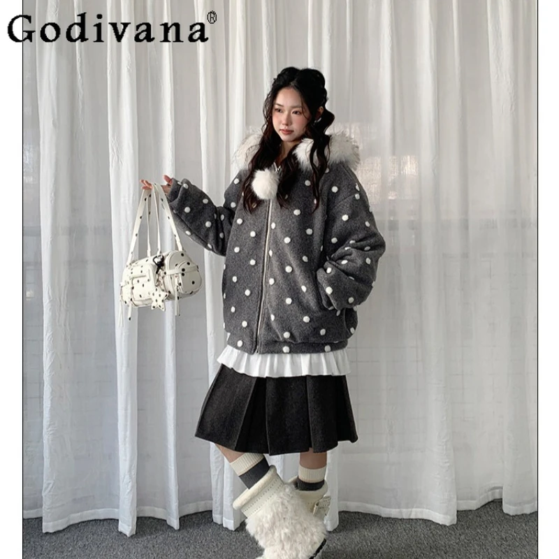 Mignon manteau en coton à pois imprimé complet pour les femmes hiver col de fourrure résistance à la chaleur Parkas femme japonais épais coton Parkas