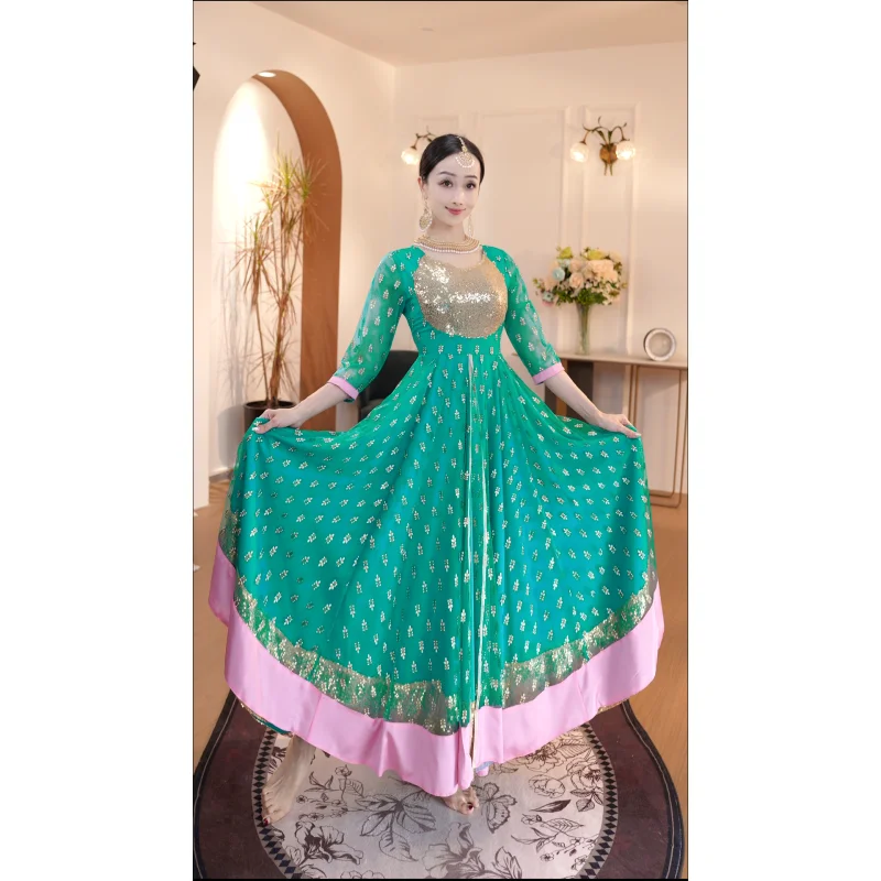 Female Indian Traditional Dance Dress Half Sleeve Big Swing Dress Bollywood Dance Saree Veil Suit Dance Stage Clothing DQL12471