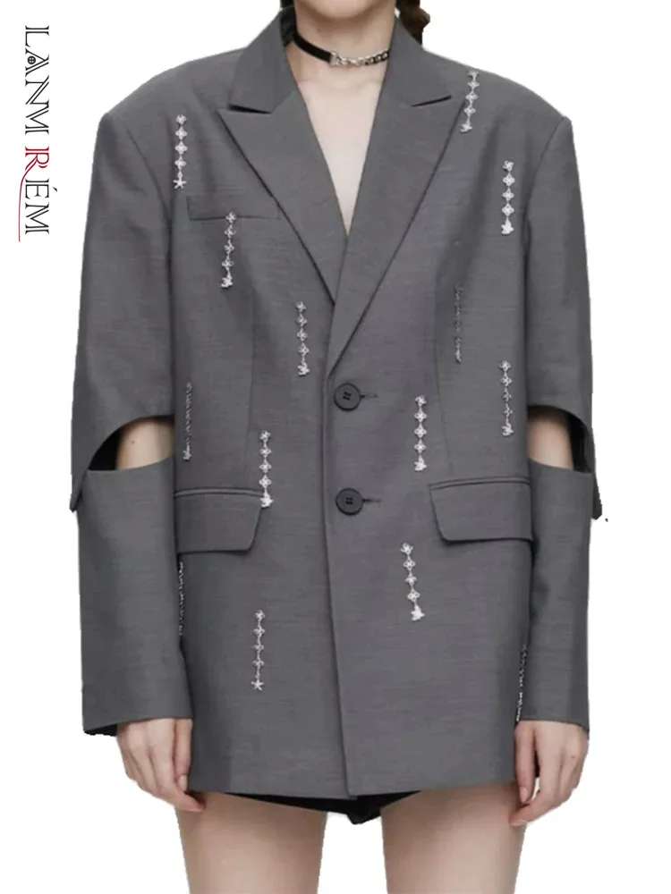 LANMREM Designer Hollow Out Blazer For Women Notched Collar Diamonds Spliced Single Breasted Coat Fashion 2024 New 32C921