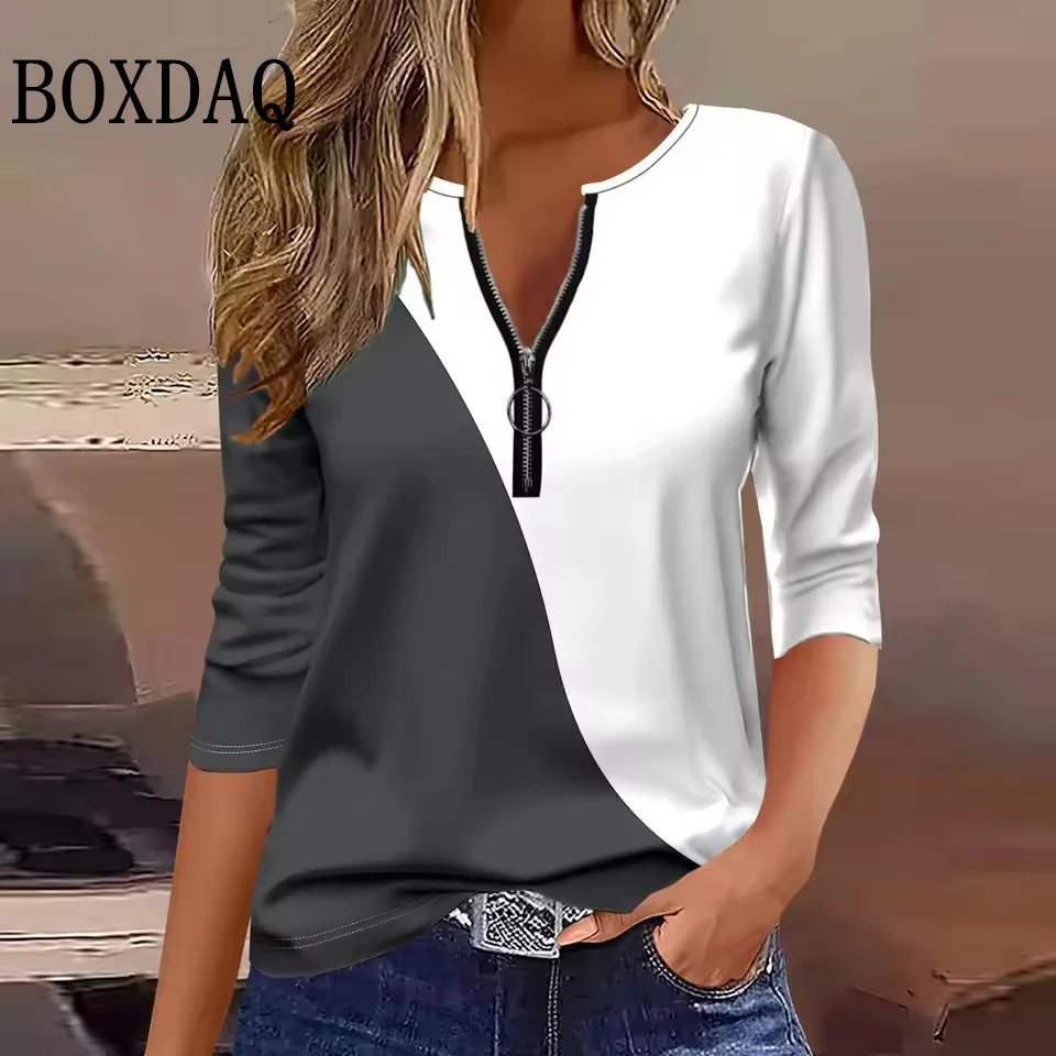 مخطط سستة الخامس الرقبة شارع العليا امرأة طويلة الأكمام البلوز الخريف اللون منعت مطبوعة المرأة بلايز ملابس كاجوال فضفاضة