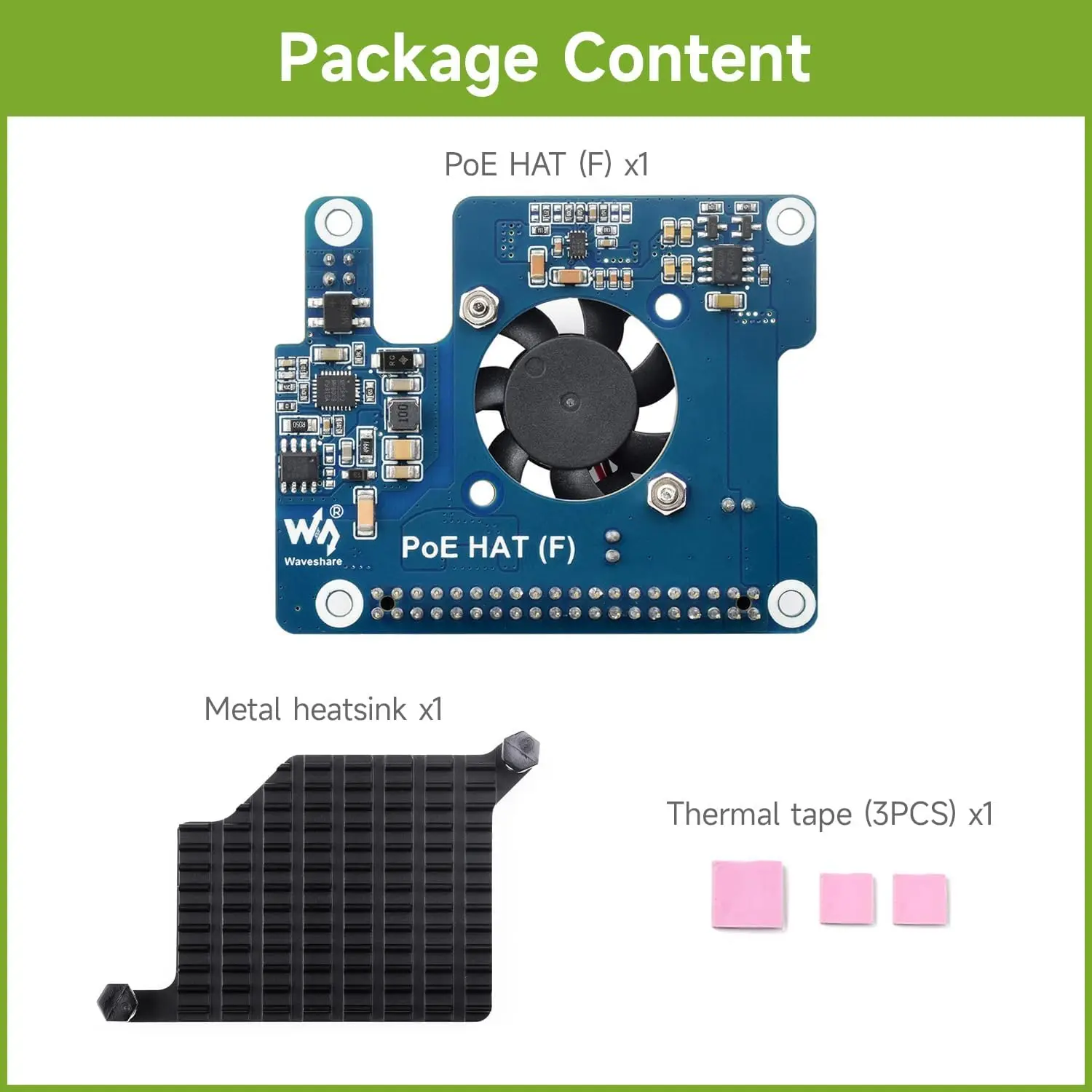 Waveshare PoE HAT (F) for Raspberry Pi 5, High Power Cooling Fan & Metal Heatsink, 802.3af/at Standard