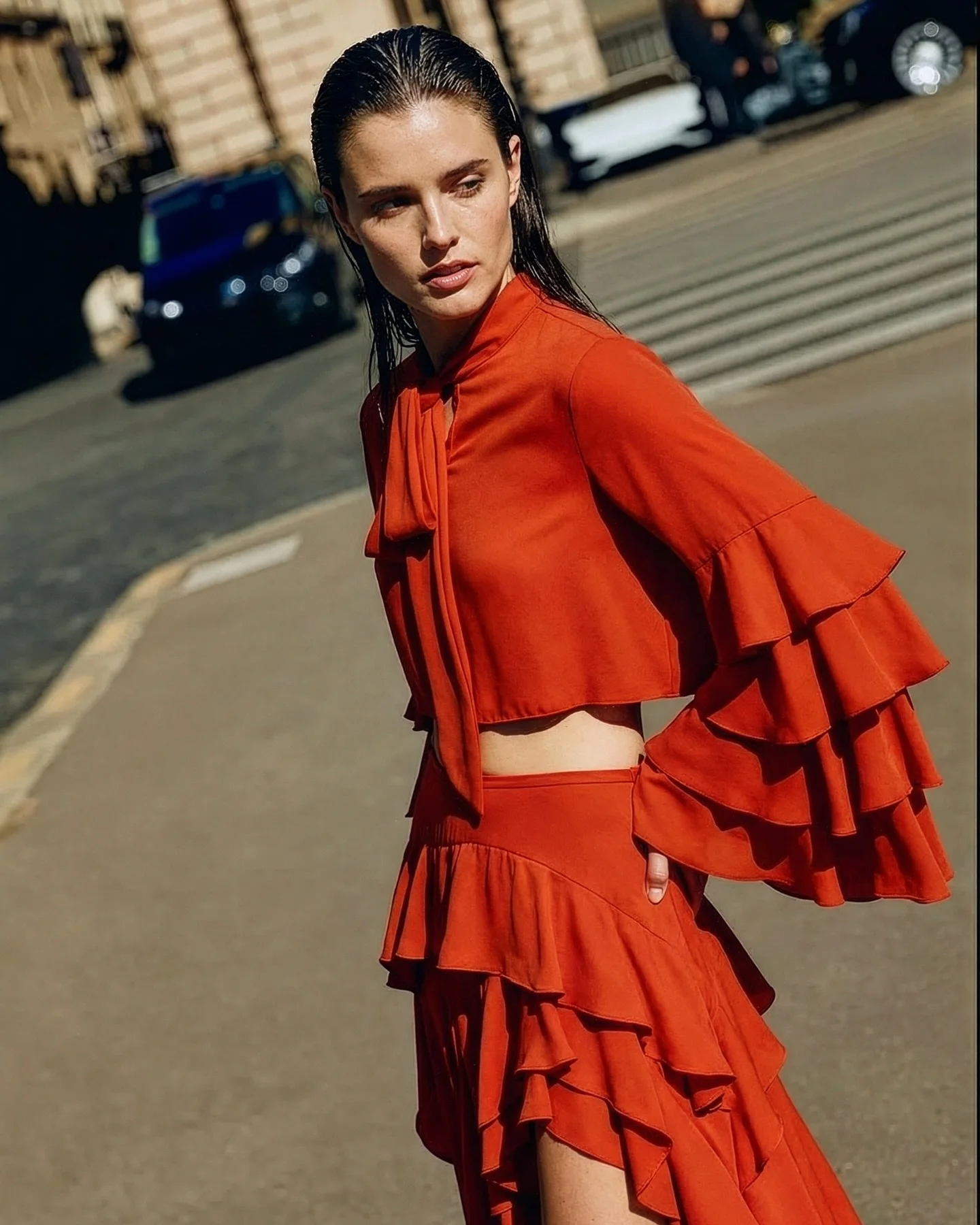 Set da due pezzi da donna Top corto con volant e gonna lunga asimmetrica Set moda Boho Chic Abito da festa sexy arancione Taglie forti 2026