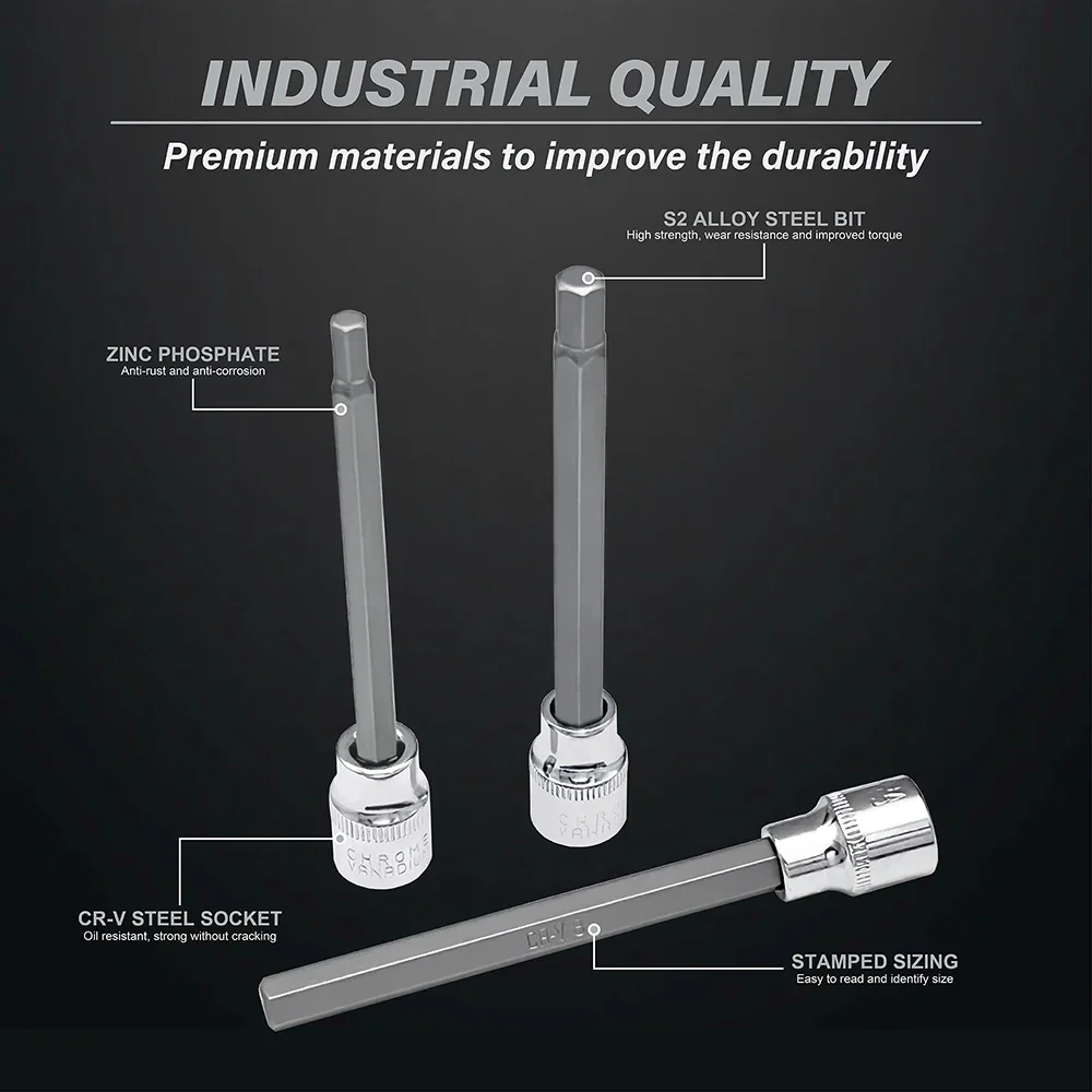 Extra Long Hex Bit Socket Set 7 Piece H3-H10 CR-V and S2 Material 3/8\