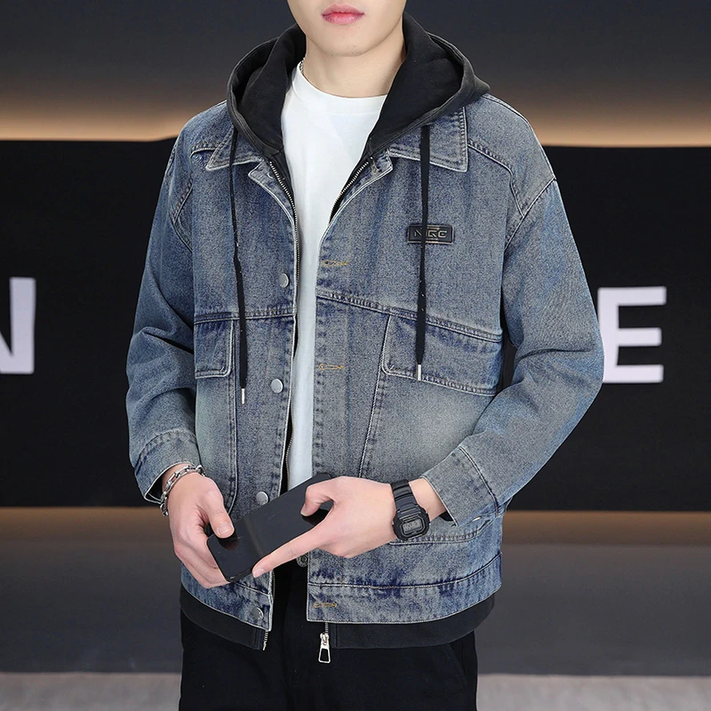 

Мужская джинсовая куртка с капюшоном для весны и осени, ветрозащитная, повседневная, спортивная, модная уличная одежда