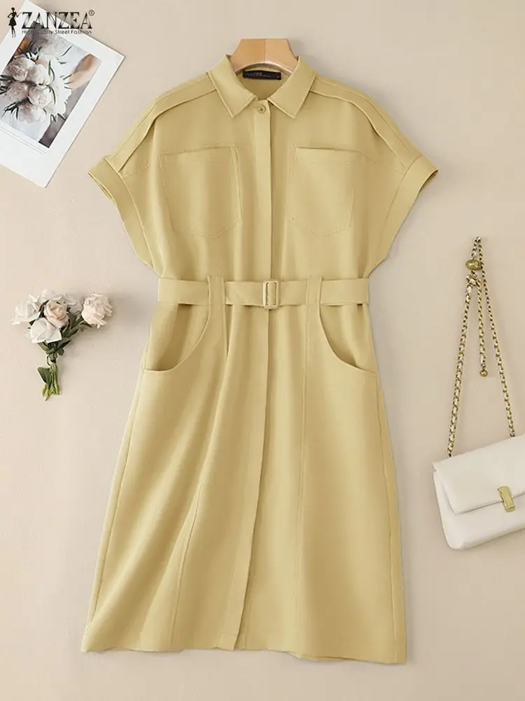 여성 캐주얼 반소매 벨트 셔츠 드레스 턴다운 칼라 버튼 업 패치워크 무릎 길이 드레스 ZANZEA 작업복 S-3XL