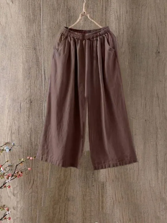 Coton lin taille élastique ample mince grande taille pantalons décontractés taille haute minceur sept-quarts longueur femmes Faion