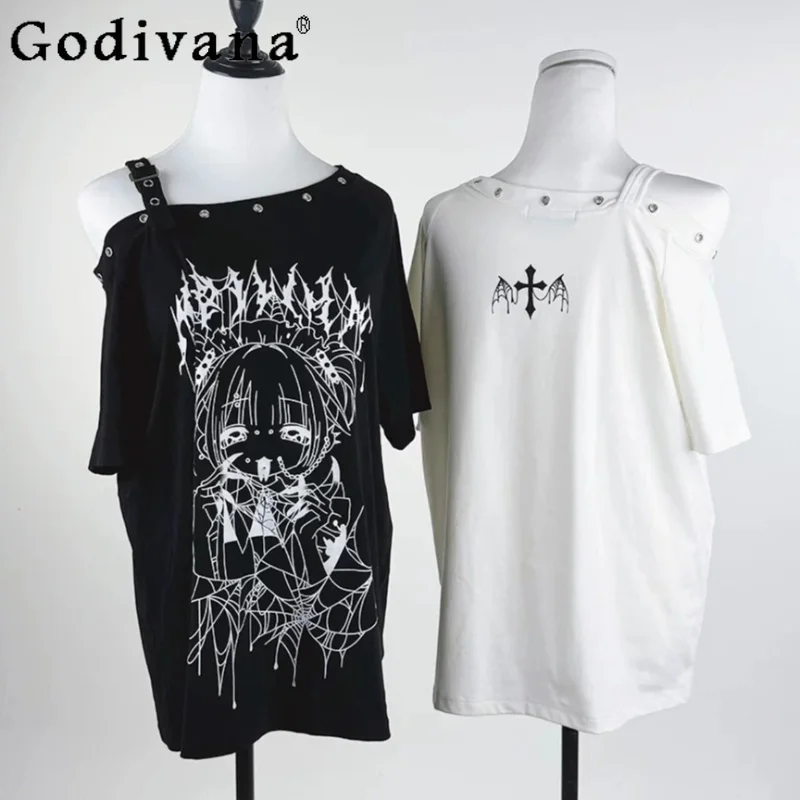 

Japanese Subculture Gothic 2D Anime Print T-shirt 2026 Summer New Student Oversized Loose T-shirt Cotton Short-sleeve Top Women