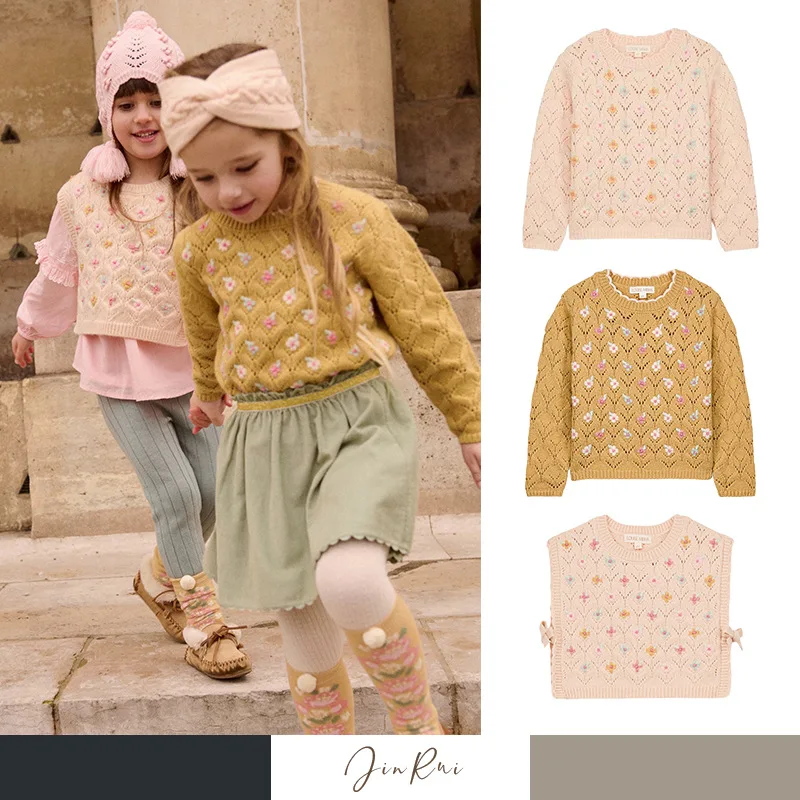 

Long-sleeved Sweater Vest Flower Embroidery Wool Sweater New Grils Children Fashionable Sweet Cute Soft Casual Comfortable