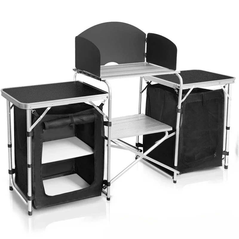 Outdoor Camping Mobile Kitchen Table Aluminum Alloy Foldable with Cloth Cabinet Outdoor Camping Table