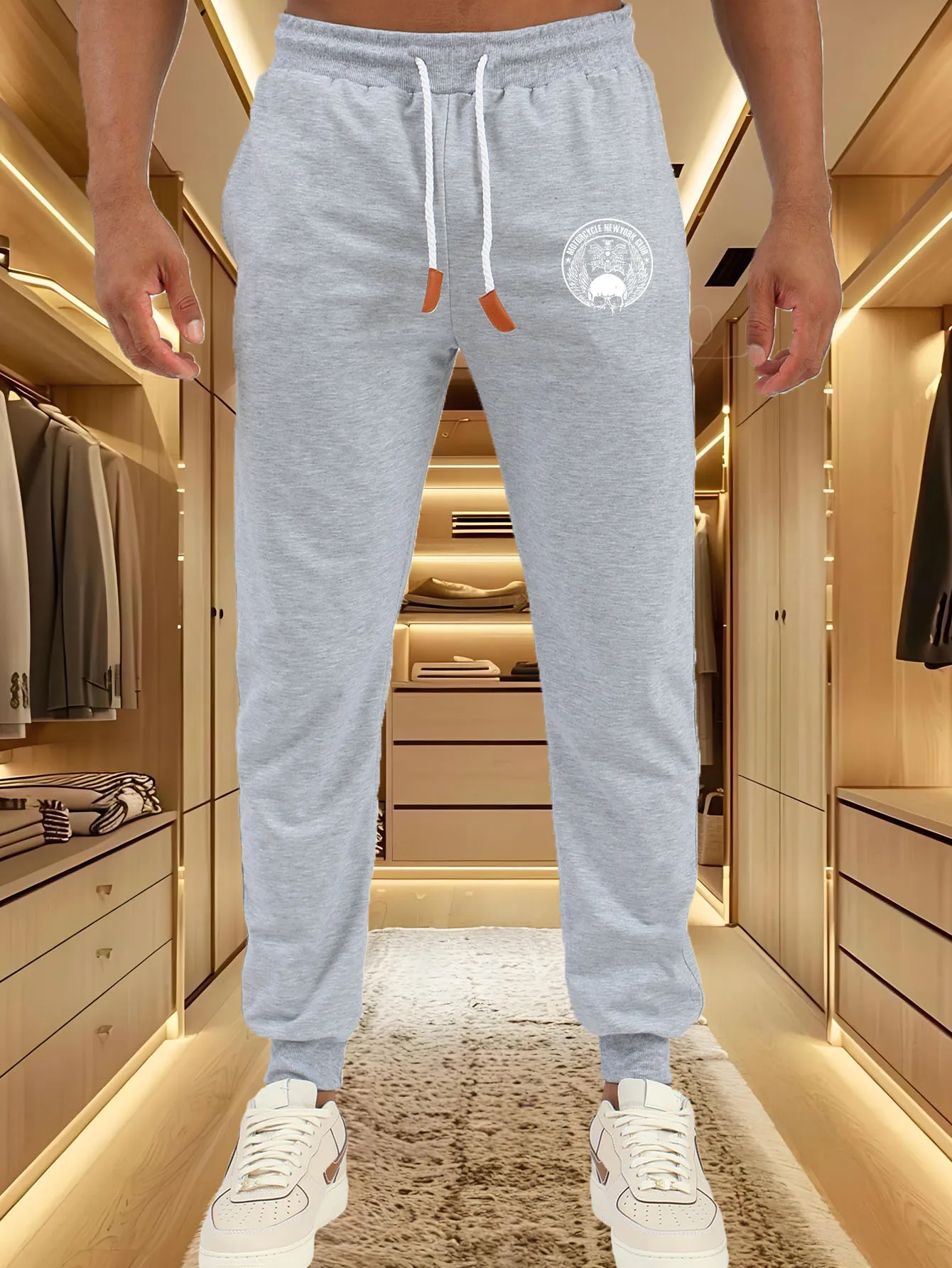 

Men Jogger Pants Vintage Skull Wreath Circle Motorcycle Club Letter Print Elastic Waist Drawstring Sweatpants Men Casual Streetw