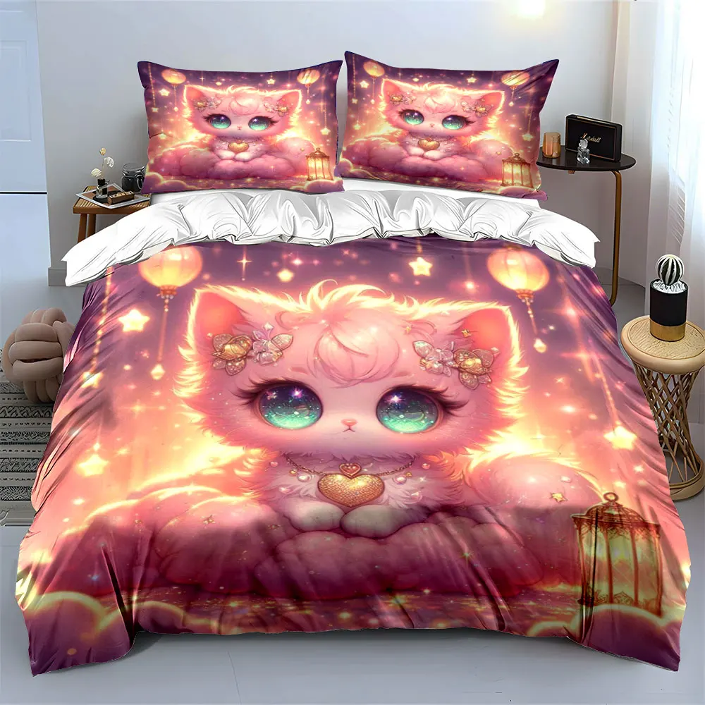 

3pcs Dreamy Pink Clouds and Pink Cats Duvet Cover Set with 3D Printing Design Soft Polyester Bedding Set All-Season Comfort