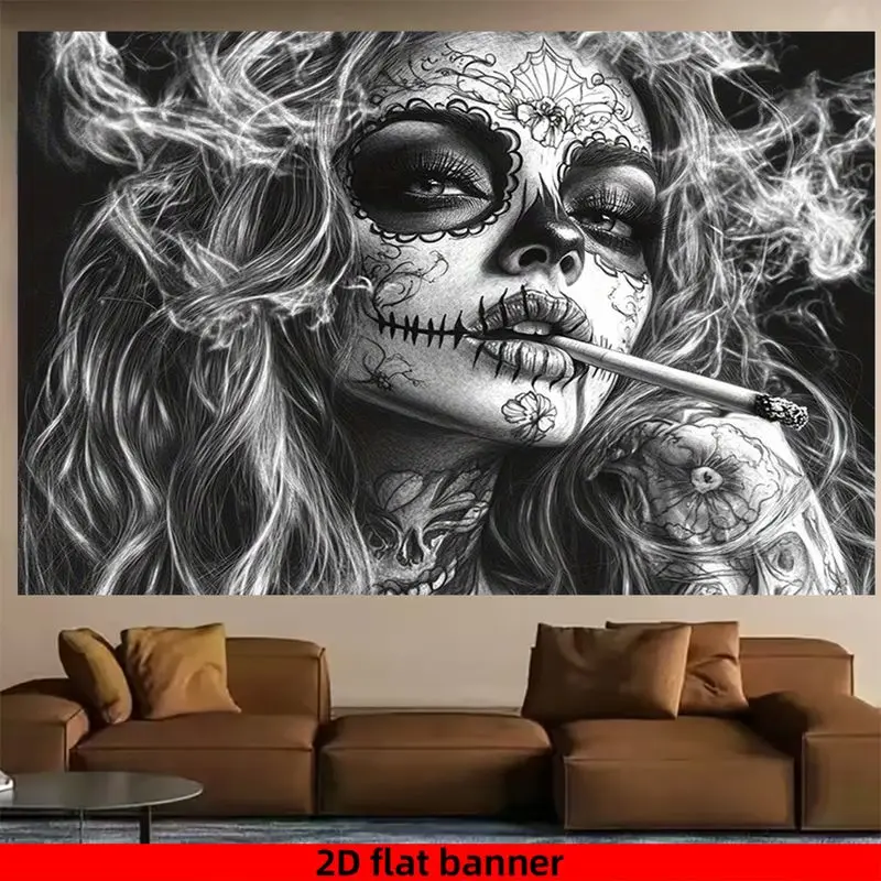 VIKAMA Day Of The Dead Sugar Skull Girl Tapestry Black White Tattoo Sketch Gothic For Bedroom Dorm Halloween Wall Decor