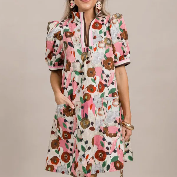 

2026 New Women's Fashion Summer Printed V-neck Puff Sleeve Dress