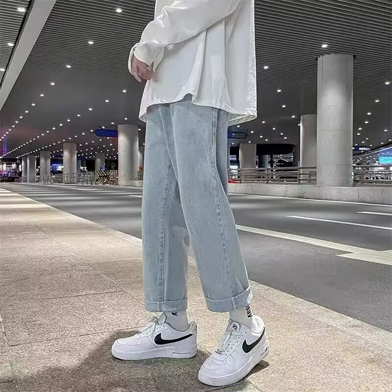 

Loose Straight Leg Elastic Waist Jeans Men's Casual Wide Leg Long Pants Spring Autumn New Sle Trendy Brand Nine Point Jeans