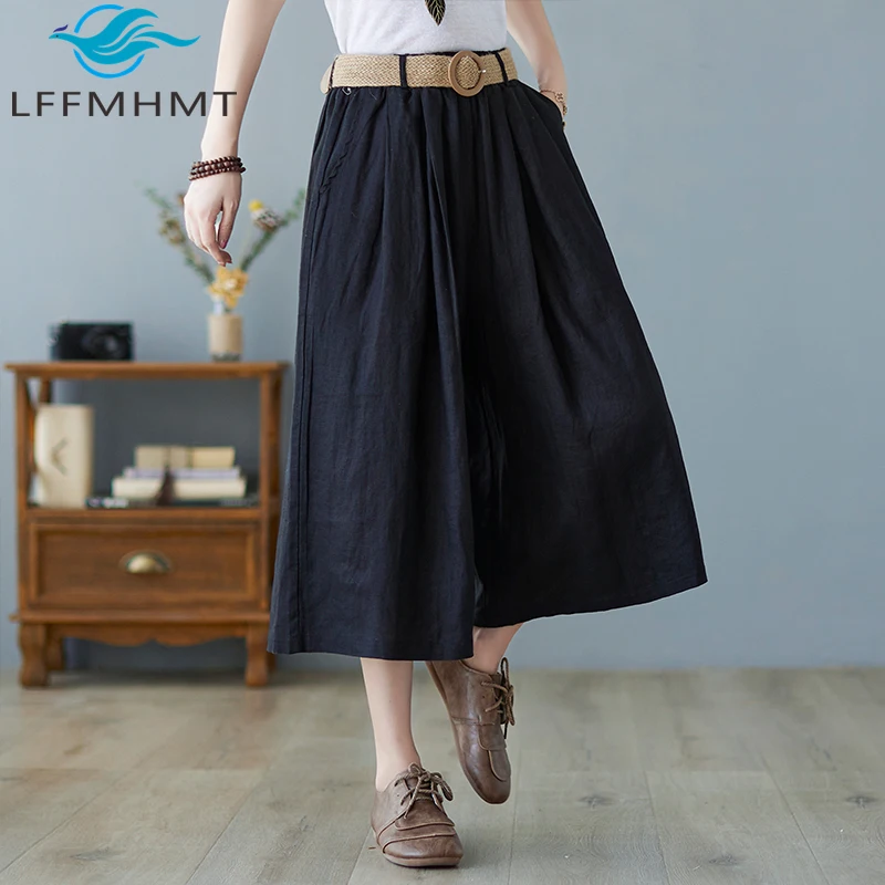 Pantaloni casual da donna vintage a gamba larga estivi stile giapponese tinta unita elastico in vita pantaloni semplici di base comodi al polpaccio