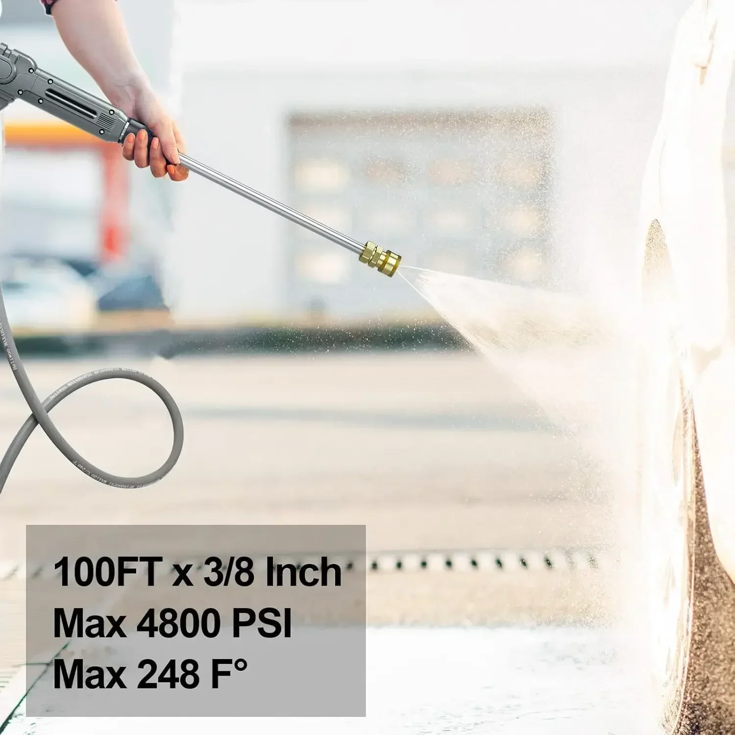 

3/8'' Pressure Washer Hose 100 FT, Hot and Cold Water Power Washer Hose Max 248°F, Commercial Industrial Grade Steel Wi（Hot）