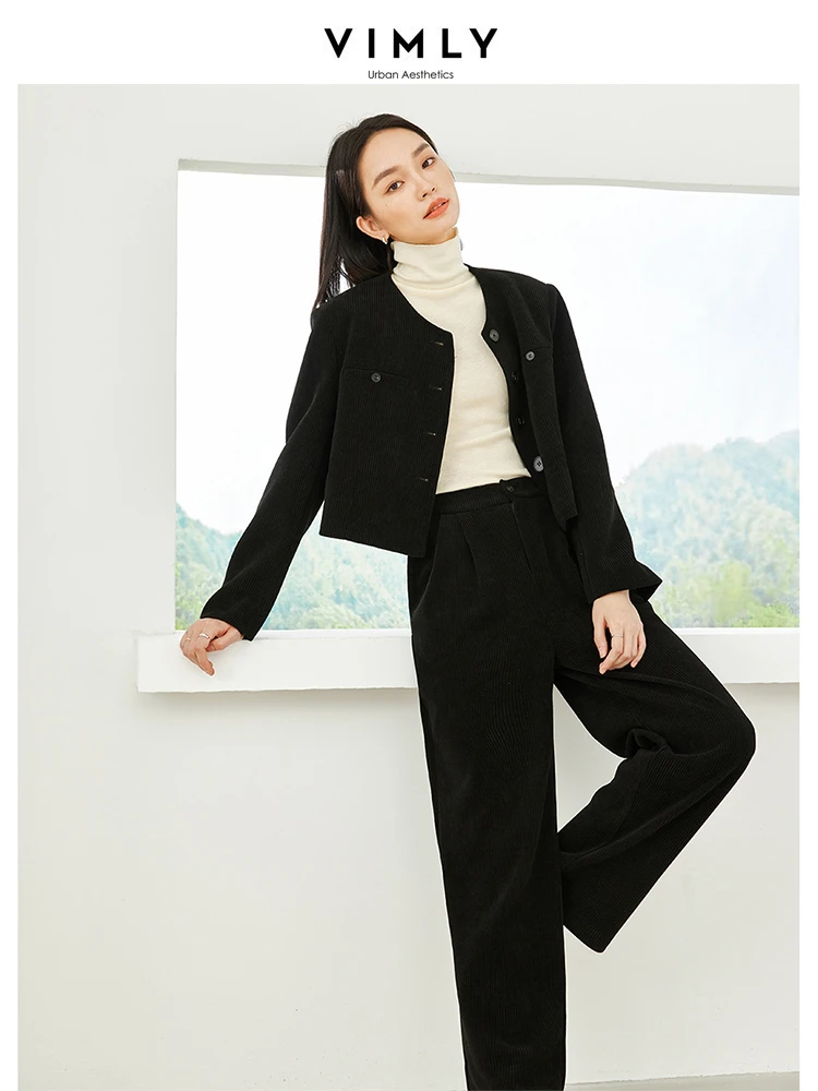 Vimly Black Corduroy Pant Sets 2 Piece Matching Sets Women Spring Cropped Quilted Jacket High Elastic Waisted Wide Trouser M5652