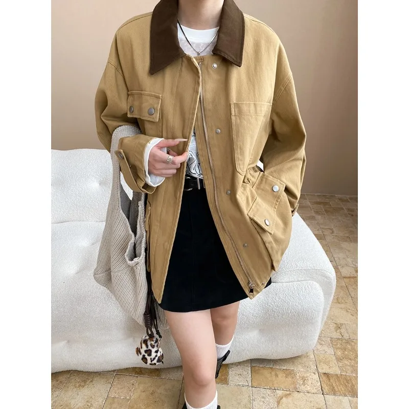 

SuperAen Autumn Korean Style Contrasting Color Splicing Lapel Waist Pocket Jacket for Women