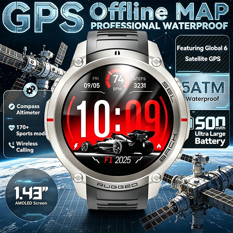 

2026 New Sports Smart Watch GPS Compass Offline Map 1.43 AMOLED HD Large Screen IP69K Waterproof 170+ Sports Mode Smart Watch