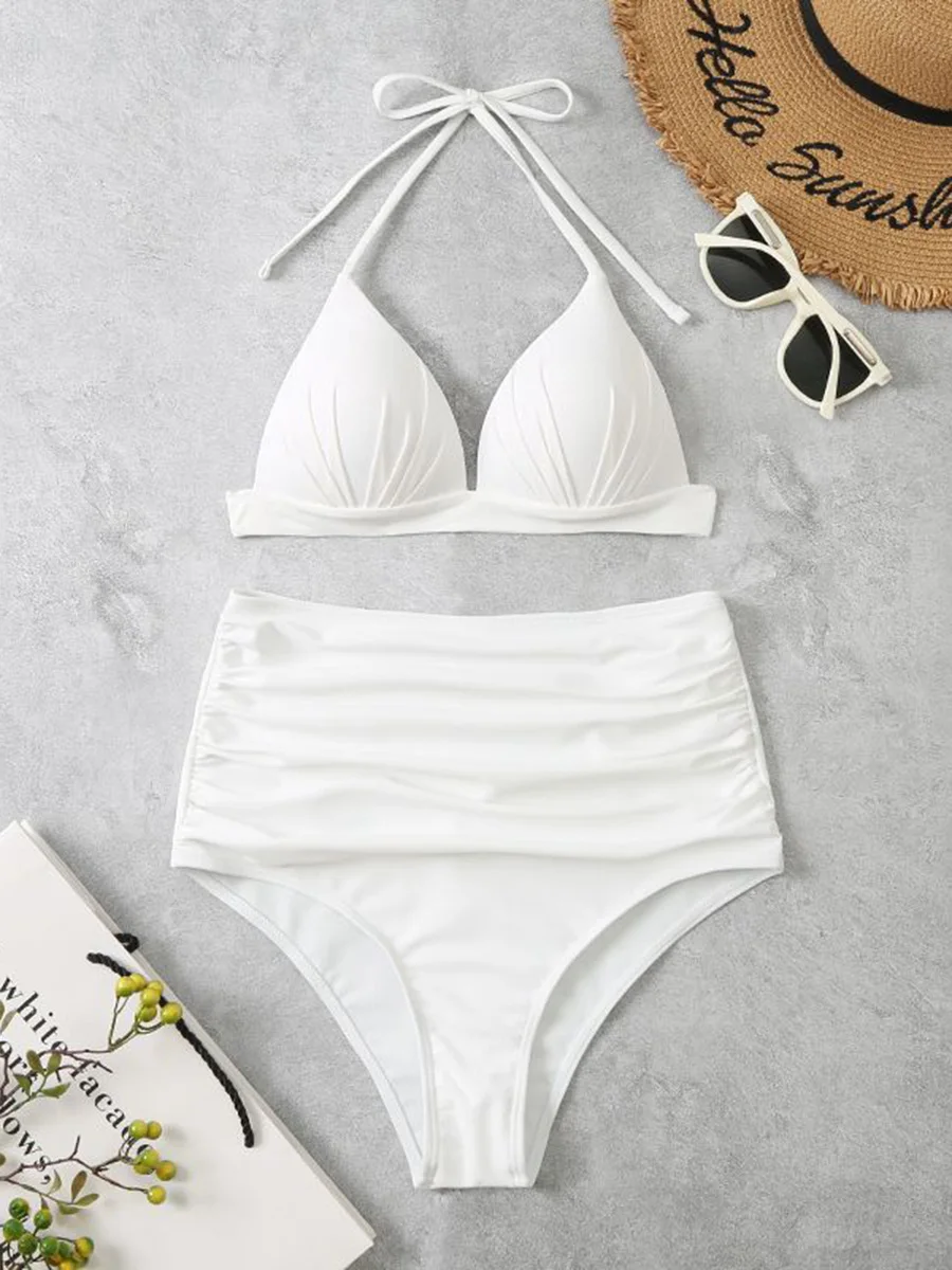 Bikinis triangulares 2024, traje de baño Push Up para mujer, traje de baño sólido Sexy de cintura alta, traje de baño para mujer, ropa de playa de verano