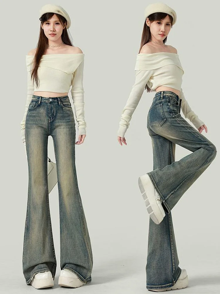 

Retro American High Waist Bell Bottom Jeans Women's Spring Autumn New Style Spicy Girl Elastic Slimming Hoof Jeans