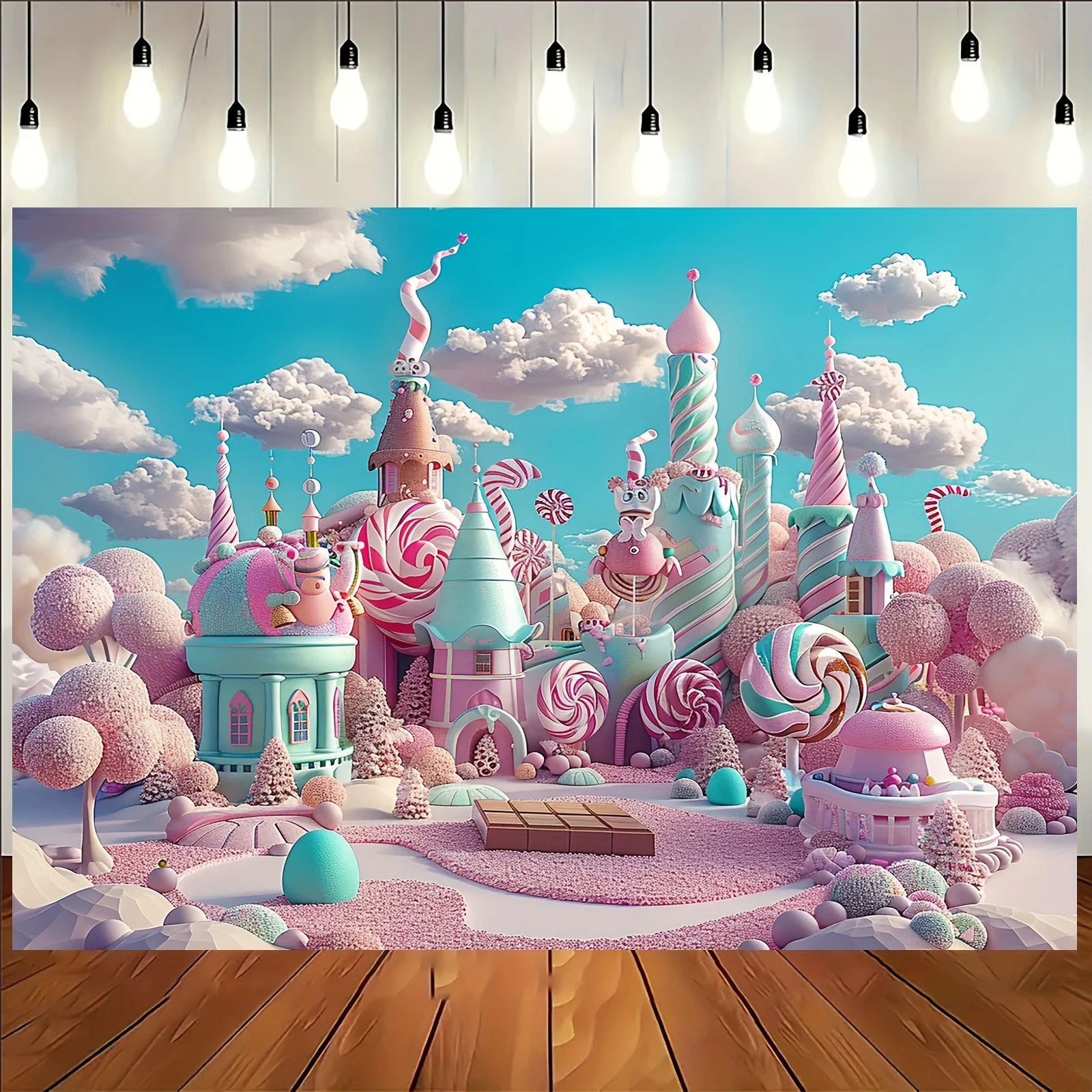 1-teiliger, skurriler Candy Castle-Fotohintergrund – lebendige rosa und blaue, süße Fantasy-Landschaft
