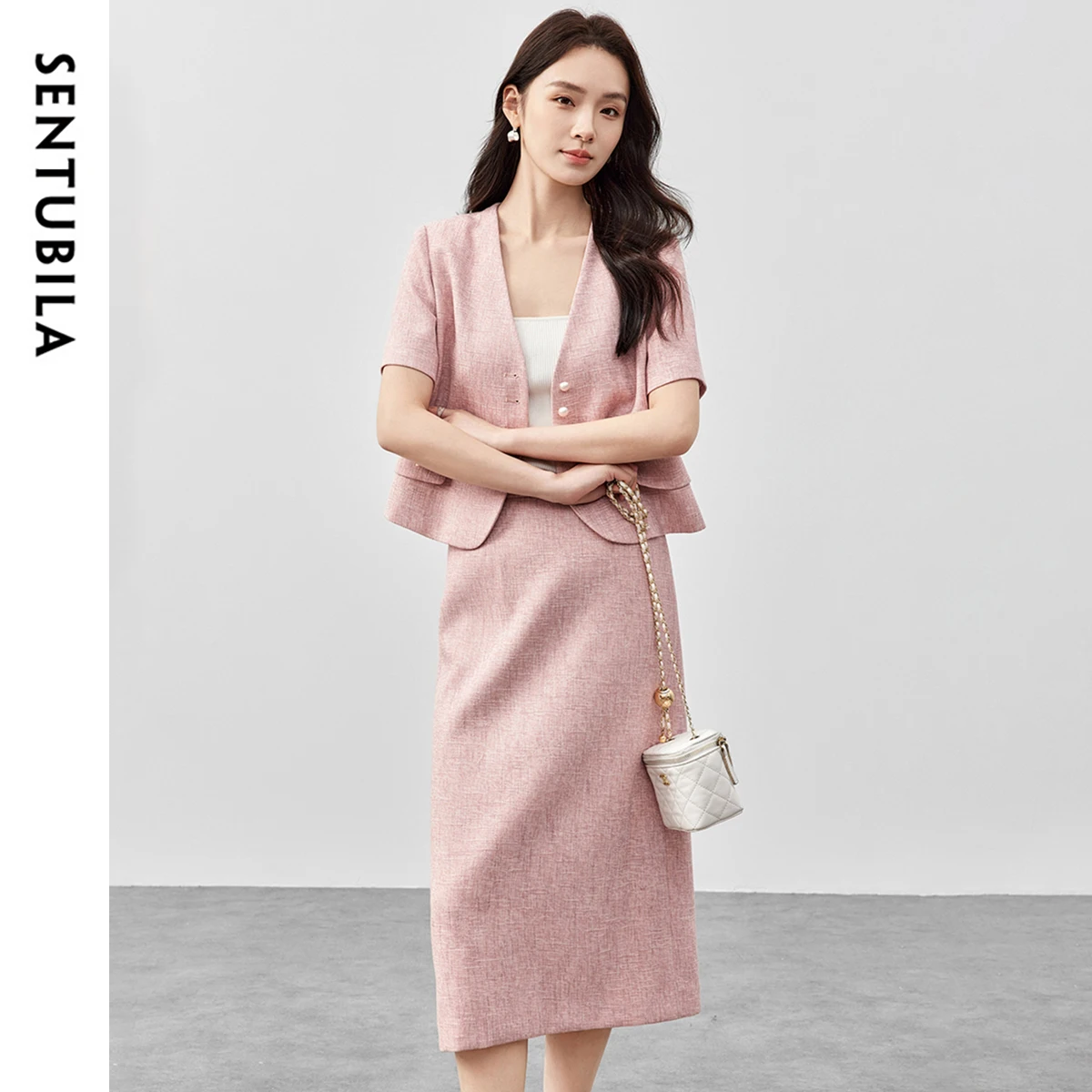 

SENTUBILA New Two Piece Set Crop Single Breasted Blazers Elastic Waist Workwear Skirts New In Matching Sets 151Z58600