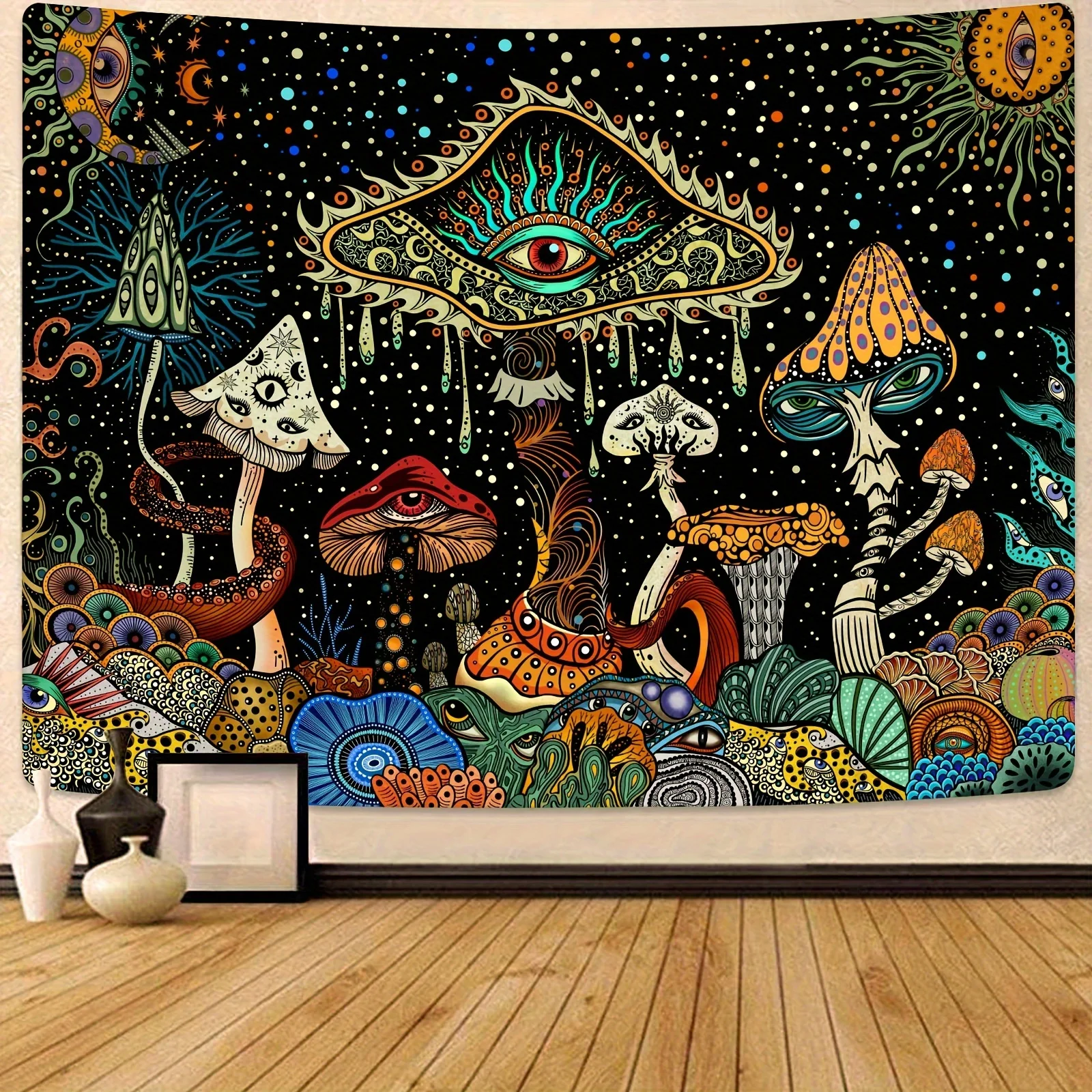 Bohemian Psychedelic Mushroom Eye Art Tapestry Polyester Wall Hanging Boho Home Decor Cosmic Visionary Pattern for Trendy Witchy