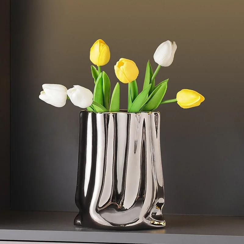 Electroplated Silver Ceramic Vases, Light Luxury Decorative Items, Creative Simulation Flowers, Fresh Flower Vases