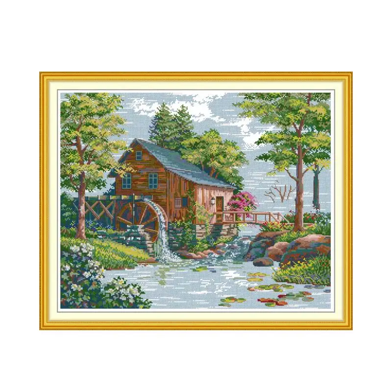 Water Mill-Cross-Stitch Kit, Canvas Print, Hand Sew, Cross-Stitch, DIY Embroidery, Handmade Needlework, 14ct, 11ct