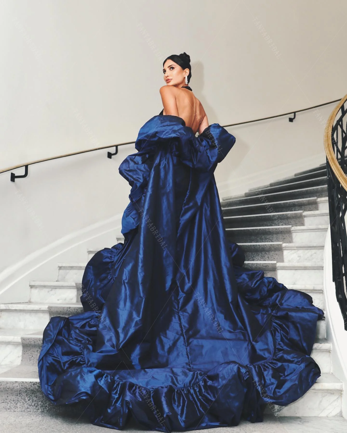 Navy Blue Taffeta Long Jacket Wrap With Ruffles Edge Fashion Cape Chic  DJ225