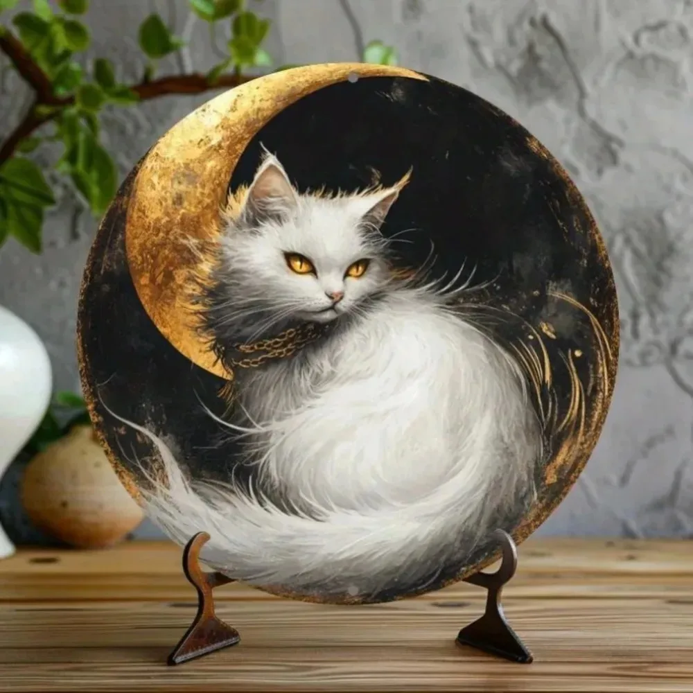 لافتة ديكور كلاسيكية على شكل قطة بيضاء - لوحة حائط مستديرة من الألومنيوم مقاس 8 × 8 بوصة، خالية من البطارية لحفلات المكتب والمطبخ والمقهى