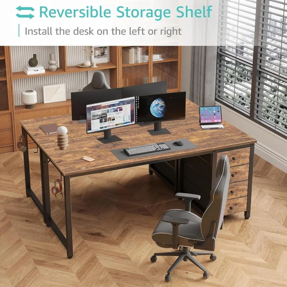 مكتب كمبيوتر بأدراج من القماش مقاس 55 بوصة - مكتب كتابة طويل للدراسة للمكتب المنزلي وغرفة النوم، تصميم بسيط قابل للعكس، مثالي للعمل #4