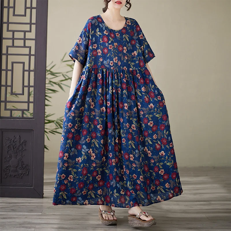 

plus Size Floral Print Dress round Neck Short Sleeve Women's Casual Long Dress Summer New Style Comfortable Cotton A-Line Skirt