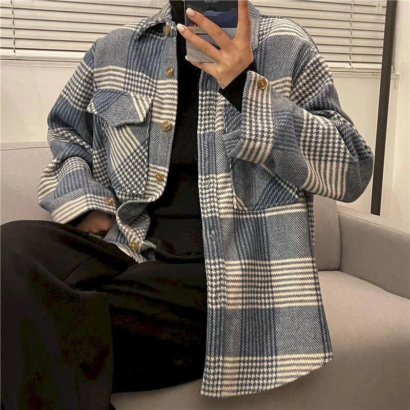 

Plaid Shirts for Women Polo-neck Oversized Brushed Thickened Cardigan Long Sleeve Casual Retro Blouse Korean Style Women Tops