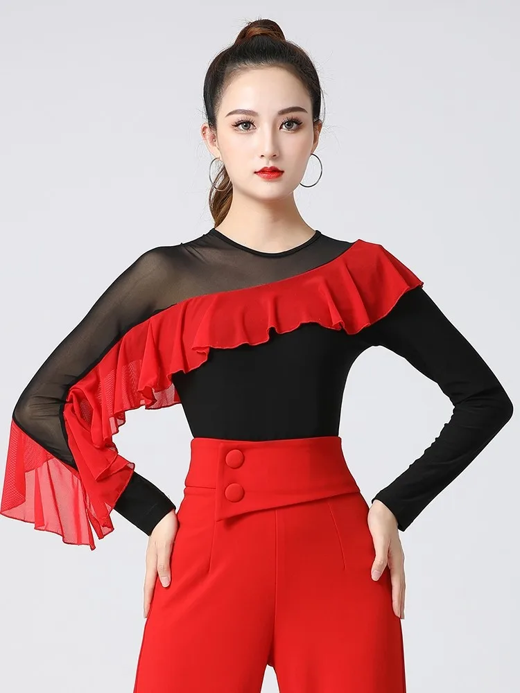 

Latin Dance Top, New Modern Dance Jitterbug Dance Suit, Mesh Elegant Wavy Sleeves, Red Medium Sleeves.