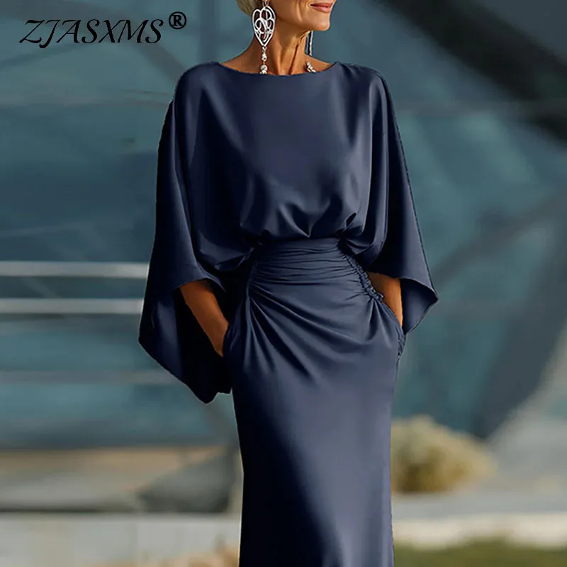 Elegantes O-Ausschnitt-Kleid mit hoher Taille und drapiertem Design für Partys, schickes, einfarbiges, schmales Maxikleid mit Taschen für den Frühling, rückenfreies Sommerkleid mit Fledermausärmeln