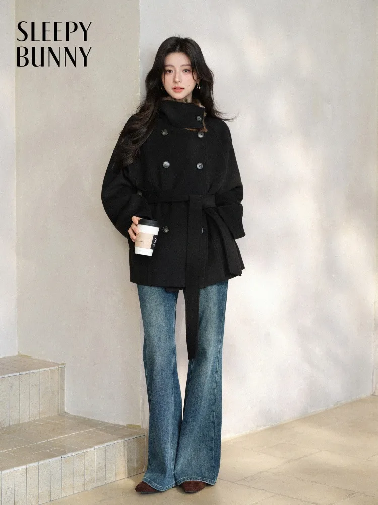 Vintage Double Breasted Coat Women Lady Winter Elegant Leopard Collar Jacket Classic Black Outerwear Chic Daily Commuter Style