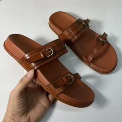 Buckle Strap Platform Slippers for Woman Classic Design Round Toe Leisure Soft Bottom Ladies Flat Shoes 2024 Summer Beach Slides