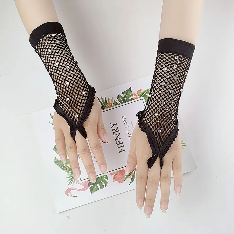 Sexy Rhinestone Black Fishing Net Hollow Half Finger Gloves Women Summer Sunscreen Sleeve Nightclub Pole Dance Fingerless Mitten