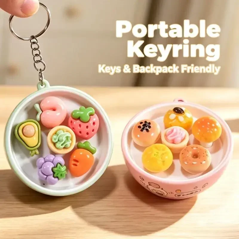 Cute Mini Whack-a-Mole Fidget Toy Keychain Simulation Dessert Bowl Press Fidget Pendant Portable Stress Relief Bag Charm Gift