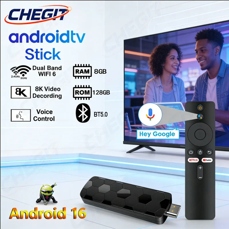 R3+ Android 16 8K TV Stick Smart IPTV Dongle 8GB RAM 128GB ROM Dual WIFI6 5.0GHz BT5.0 for Netflix YouTube Streaming TV Box