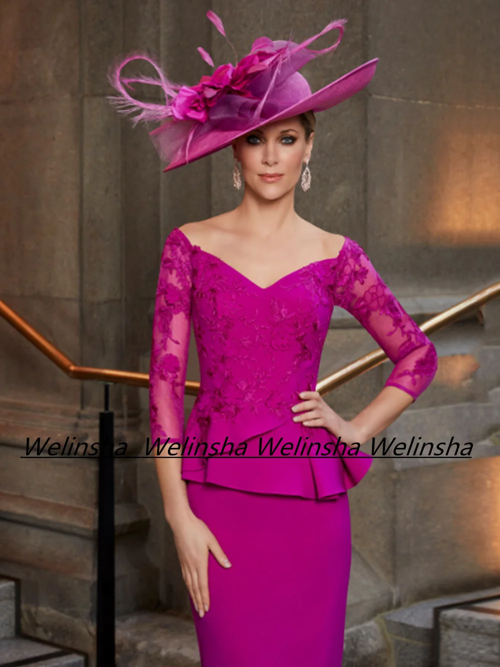 Woman Wedding Guest Dresses Peplum Party Gown Three Quarter Sleeves V Neck Knee Length Sheath Mother of The Bride Dress