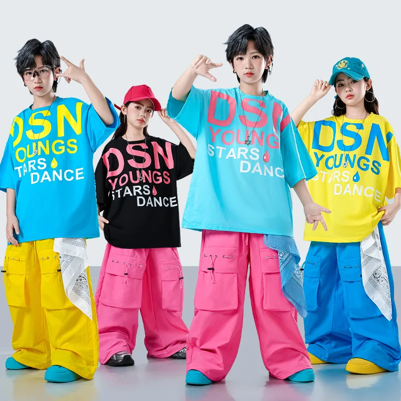 Boys Girls Hip Hop Costume Color Block Oversized Letter Tops Multi Pocket Cargo Pants Kids Street Dance Kpop Stage Competition